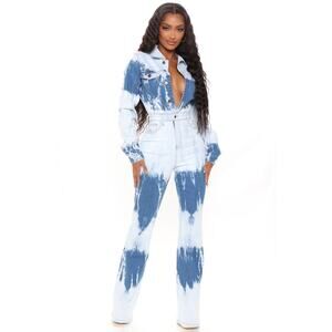 Fashion Nova Taylor Tie Dye Denim Long Sleeve Jempsuit Size L Large NWT